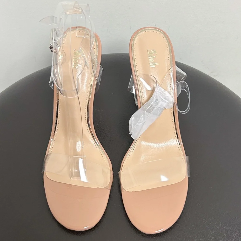 Shein Nude Beige Clear Chunky Block Heels Ankle Strap Buckle Open Toe 40 9 NIB